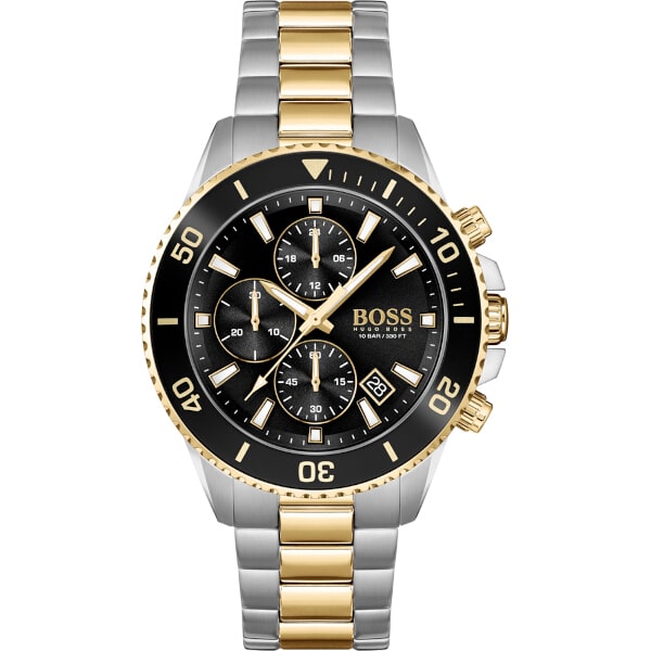 Hugo Boss Admiral herrklocka (1513908), kvartsur, datumvisning, kronograf, vattentålig 50 m, rostfritt stålarmband i silver och guld