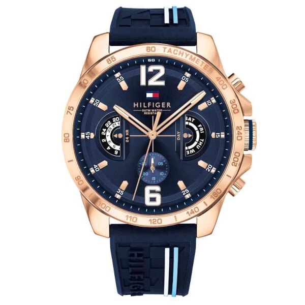Tommy Hilfiger herrklocka (1791474), Kronograf, datumvisning, vattentålig 50 m, silikon rem, blå urtavla