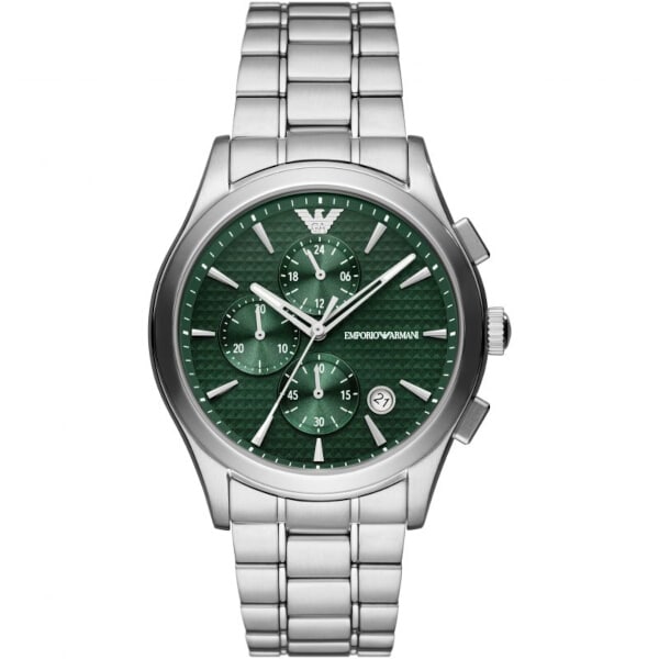 Emporio Armani herrklocka (AR11529), kvartsur, grön urtavla, datumvisning, rostfritt stålarmband, vattentålig 50 m