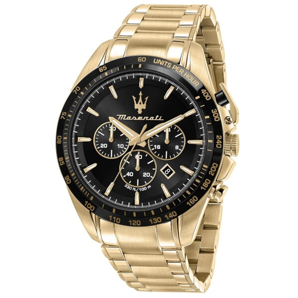 Maserati herrklocka (R8873612041), kvarts urverk, datumvisning, kronograf, vattentålig 50 m, Guldfärgat armband