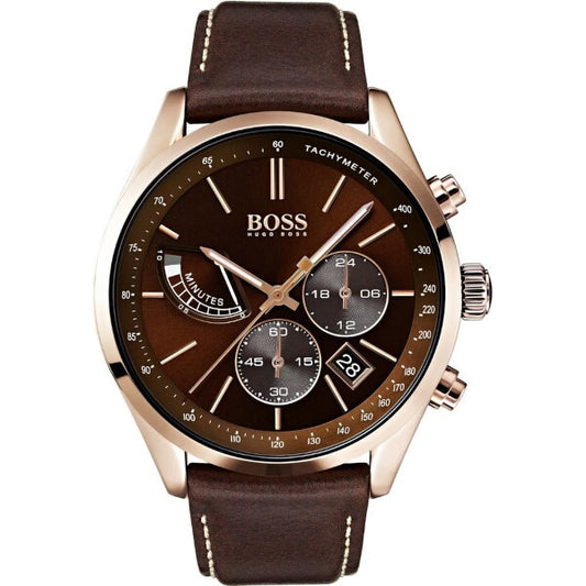 Hugo Boss Black Grand Prix herrklocka (1513605), kvartsur, datumvisning, kronograf, vattentålig 50 m, brun läderrem