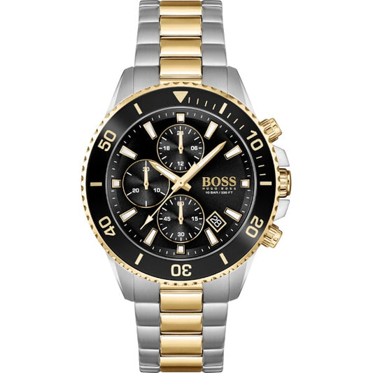 Hugo Boss Admiral herrklocka (1513908), kvartsur, datumvisning, kronograf, vattentålig 50 m, rostfritt stålarmband i silver och guld